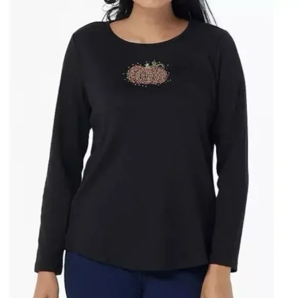 Quacker Factory Rhinestone Pumpkin Black Waffle Knit Long Sleeve Tee Size 3X - Picture 1 of 12